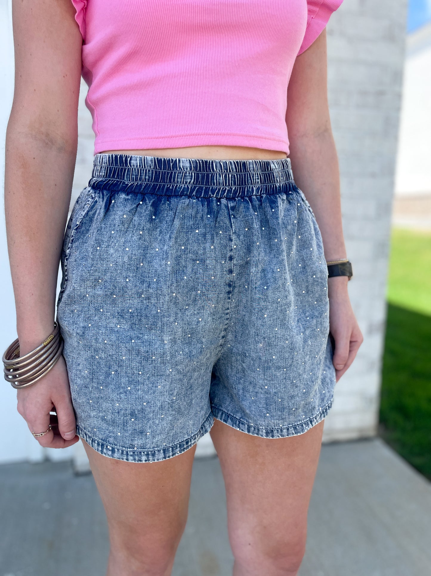 Rhinestone Elastic Waist Shorts